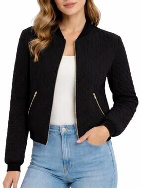 Maje Black Quilted Front Zip Cropped Bomber Jacket Size 38/ US size 2